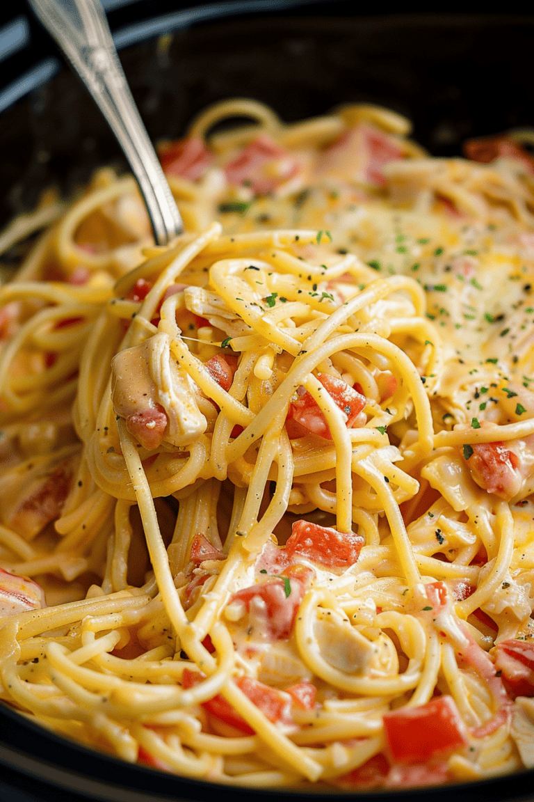 Slow Cooker Chicken Spaghetti with shredded chicken, creamy cheese sauce, Rotel tomatoes, and high-protein pasta. This easy crockpot chicken spaghetti is a comforting family dinner made without Velveeta.