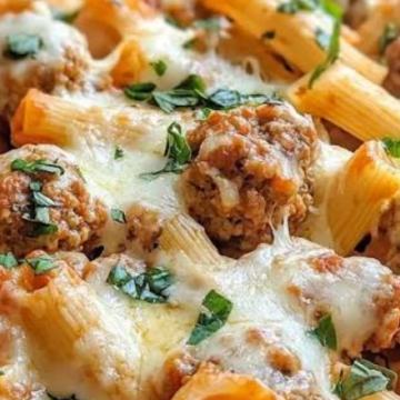 A bowl of homemade Meatball Rigatoni with bite-sized beef meatballs simmered in rich San Marzano tomato sauce and topped with grated Parmesan cheese.