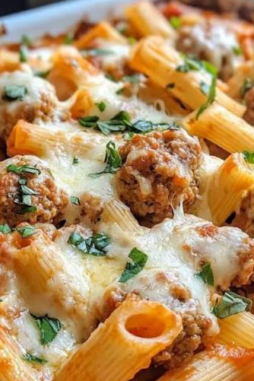 A bowl of homemade Meatball Rigatoni with bite-sized beef meatballs simmered in rich San Marzano tomato sauce and topped with grated Parmesan cheese.