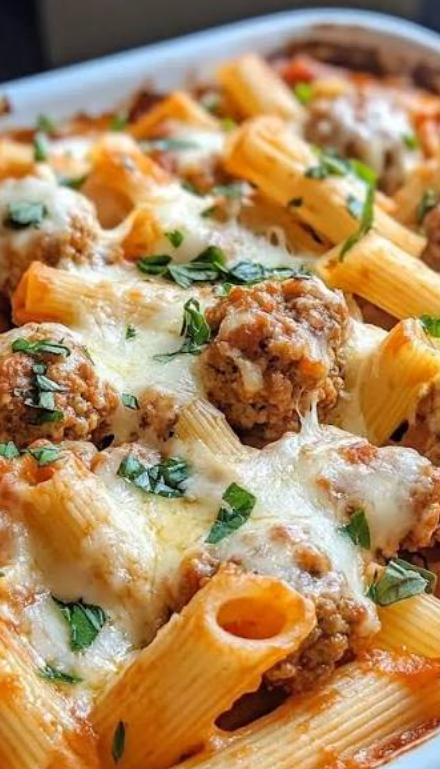 A bowl of homemade Meatball Rigatoni with bite-sized beef meatballs simmered in rich San Marzano tomato sauce and topped with grated Parmesan cheese.
