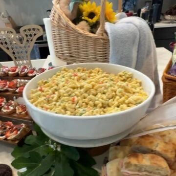 Creamy classic macaroni salad made with elbow macaroni, Duke's mayonnaise, celery, bell pepper, onion, and paprika in a serving bowl, perfect for picnics, potlucks, and summer cookouts.