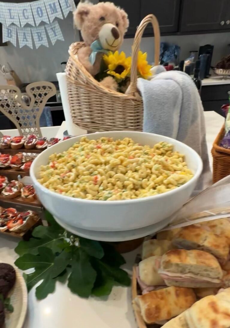 Creamy classic macaroni salad made with elbow macaroni, Duke's mayonnaise, celery, bell pepper, onion, and paprika in a serving bowl, perfect for picnics, potlucks, and summer cookouts.