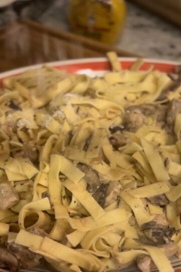 Creamy Boursin Chicken Stroganoff served over egg noodles with mushrooms and fresh parsley.