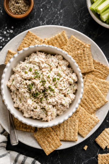 Classic tuna salad with jalapeño, dill relish, cheddar cheese, onion and fresh cilantro served with crackers