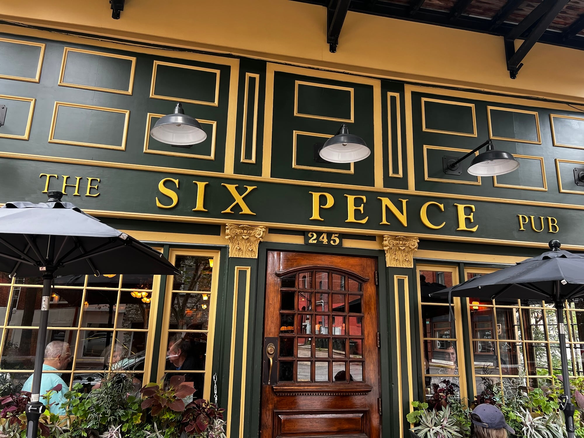 Exterior of Six Pence Pub, a British pub on Bull Street in Savannah