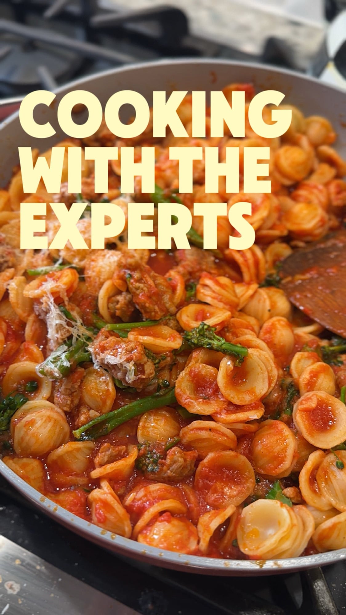 Orecchiette pasta with Italian sausage, broccoli rabe, tomato sauce and grated Parmesan inspired by Ina Garten’s recipe.