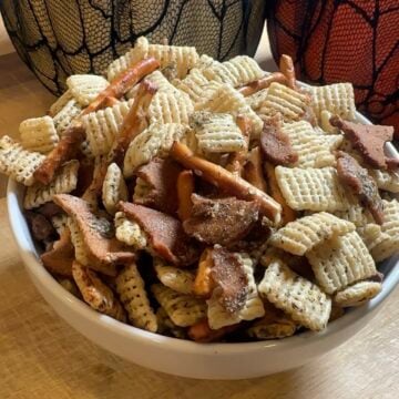 Easy Dill Pickle Chex Mix with pretzel sticks, rye chips, ranch seasoning and dried dill