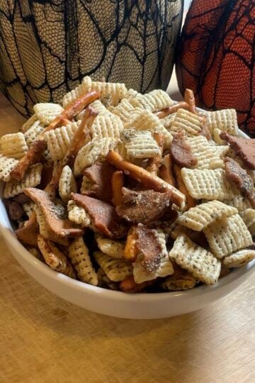 Easy Dill Pickle Chex Mix with pretzel sticks, rye chips, ranch seasoning and dried dill