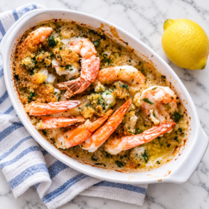 Baked shrimp oreganata topped with Parmesan panko breadcrumbs and fresh parsley, served with lemon wedges
