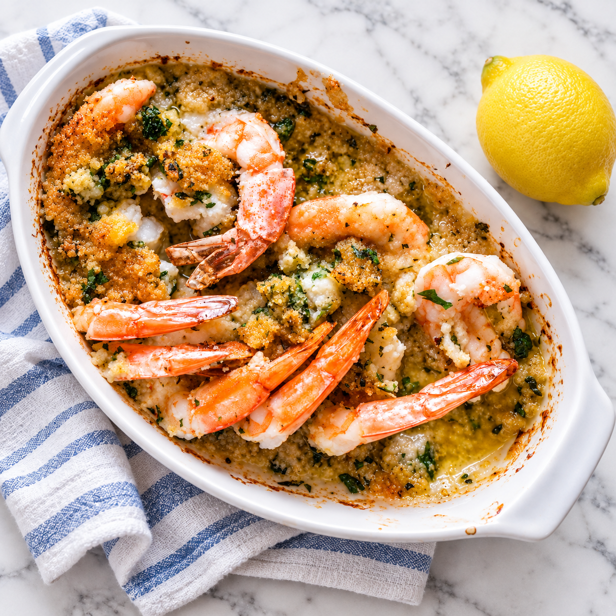 Baked shrimp oreganata topped with Parmesan panko breadcrumbs and fresh parsley, served with lemon wedges