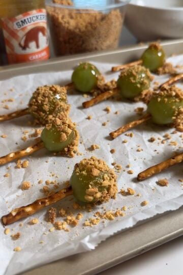 Green grapes dipped in caramel and chopped peanuts with pretzel sticks